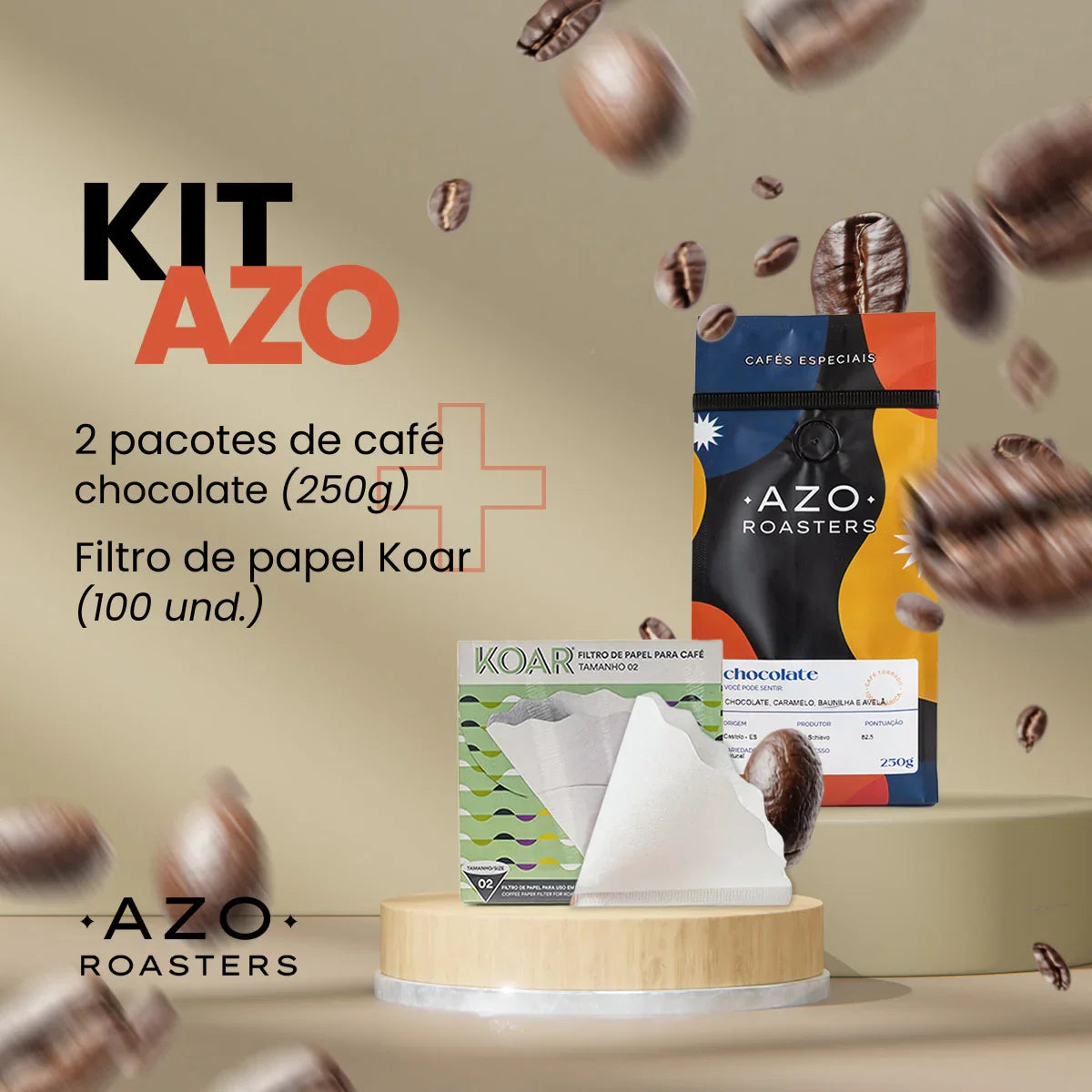 Kit AZO Roasters com 2 pacotes de café chocolate 250g e filtro de papel Koar 100 unidades
